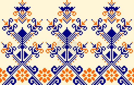 . Patrón étnico de píxeles, Fondo de patrón de bordado vectorial, Estilo triángulo tradicional geométrico, Tejido vintage de punto de patrón azul y naranja, Diseño para textiles, tela, batik, kaftan, fibras,