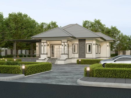 Representación en 3D Una casa contemporánea de estilo tailandés con estacionamiento y paisaje natural de fondo.
