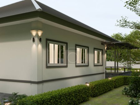 rendu 3D Maison contemporaine d'un étage de style thaïlandais avec parking et décor naturel.