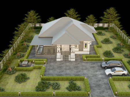 3D Rendering One story contemporary house of Thai style with parking and natural scenery background.