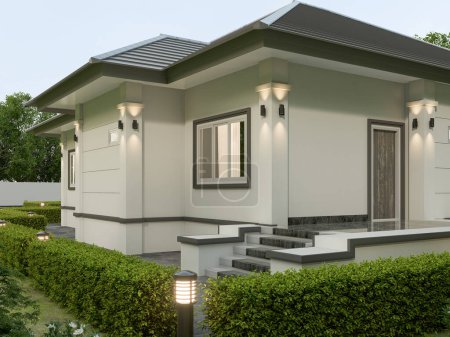 Representación en 3D Una casa contemporánea de estilo tailandés con estacionamiento y paisaje natural de fondo.