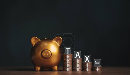 Gold piggy bank and coin with tax icon financial for a calculation tax return, Individual income for tax payment. data analysis to report the government and state taxes. save money concept.