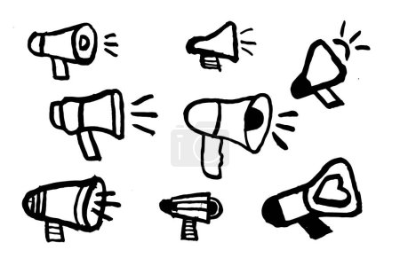 Ilustración de Comunicación creativa: bocetos de megáfono en estilo de doodle vectorial para el diseño conceptual - Imagen libre de derechos