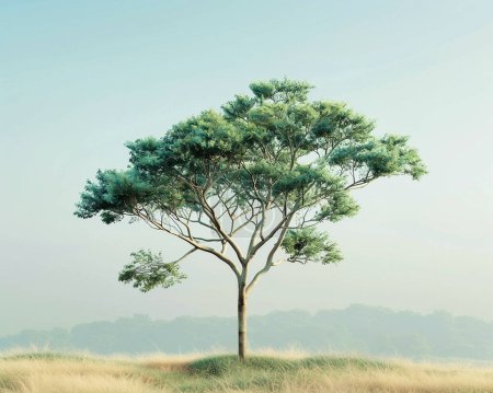 Generative Ai Illustration. Eine faszinierende Illustration eines Baumes, der in einer Wüstenlandschaft gedeiht. Dieses digitale Kunstwerk fängt die bezaubernde Mischung natürlicher Elemente ein und zeigt die Widerstandsfähigkeit eines Baumes inmitten des sich wandelnden Sandes. 