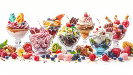 A festive collection of assorted desserts, including whipped cream parfaits and fruit-topped pastries, arranged beautifully with colorful toppings and fresh fruits, ideal for holiday celebrations and dessert showcases