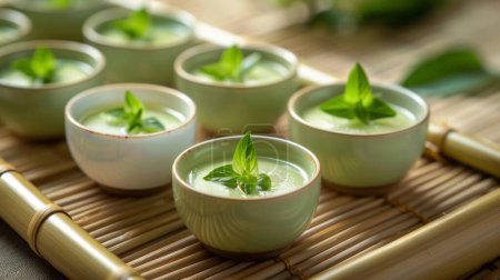 Una selección de natillas pandan tailandesas servidas en pequeños cuencos de cerámica, decoradas con hojas de albahaca fresca, que ofrecen una experiencia de postre refrescante y aromática..