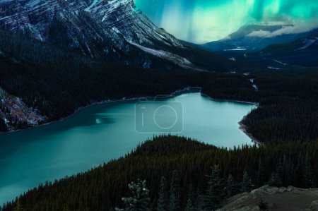 Foto de Paisaje de Aurora Boreal brillando sobre el lago Peyto se asemejan a zorro en el parque nacional Banff en Canadá - Imagen libre de derechos