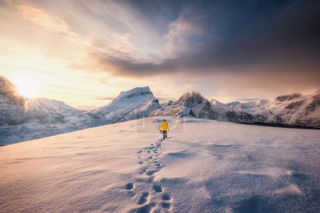 Landscape of sunrise over Mount Segla and mountaineer walking with snow footprint in snow storm on the peak in Fjordgard at Senja Island, Norway