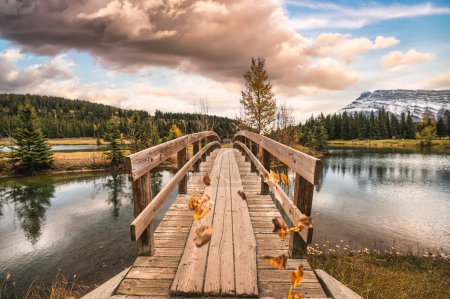Holzbrücke mit Herbstlaub und Rundle im Herbst öffentlichen Park an Cascade Ponds, Alberta, Kanada
