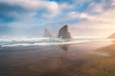 Aerial view of Picturesque sunrise shining over Wharariki beach and archway islands on Tasman sea at West of cape farewell, New Zealand