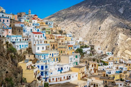 Hillside colorful homes in the old tradition village Olympos in Karpathos island, Dodecanese Greece
