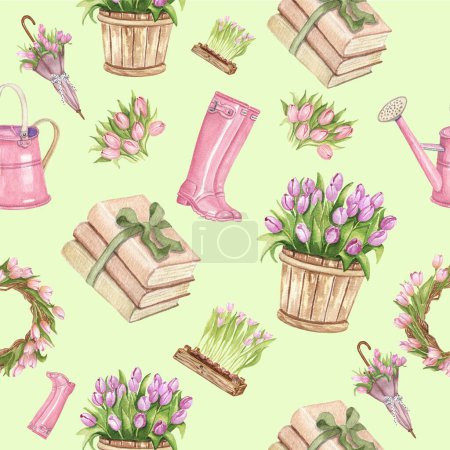 vector watercolor spring pattern books flowers with green background