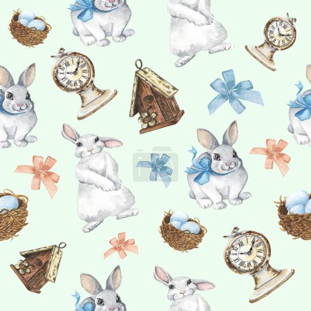 vector watercolor easter day pattern bunnies eggs and other elements with blue background
