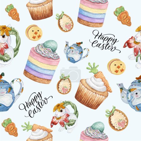 vector watercolor hand drawn easter seamless pattern with cupcakes cookies and teapots