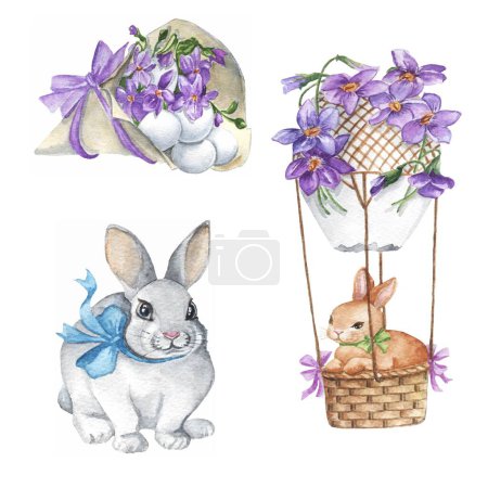 vector watercolor easter collection bunnies and egg flower bouquet cliparts