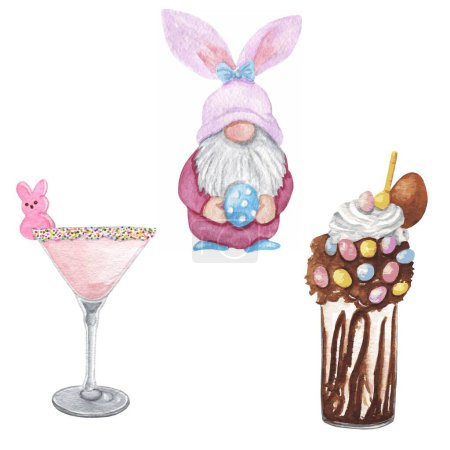 vector watercolor easter cliparts  cute gnome cocktail and smoothie