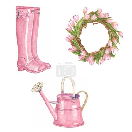 vector watercolor spring  boots watering can and flower decoration cliparts