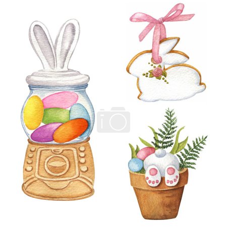 vector watercolor easter  bunny candy dispenser cookie and plant pot cliparts