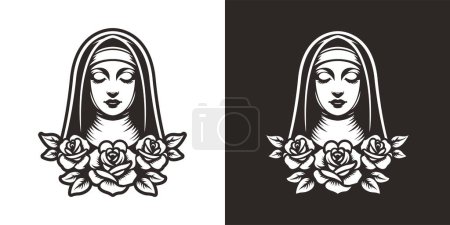 Téléchargez les illustrations : Tatouage de nonne vectorielle avec fleur rose - en licence libre de droit