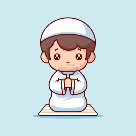 Illustration of a cute Muslim praying on a prayer mat, with a fl