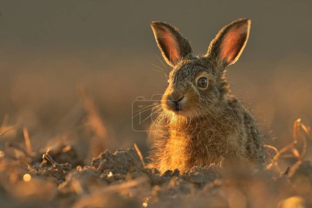 Lepus europaeusEuropean hare brown cute darling field meadow animal in nature, draw near village, runs fast, cubs beautiful eyes caress, has big ears, agricultural landscape, food crop after harvest