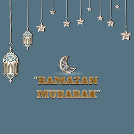 Ramazan Mubarak Grußkarte: Sprachen, Englisch und Urdu verwendet (Ramazan ist der Name des heiligen Monats der Muslime und mubarak wird für Glückwünsche verwendet), Mond, Sterne und Laterne. Kalligraphie-Vektorkunst