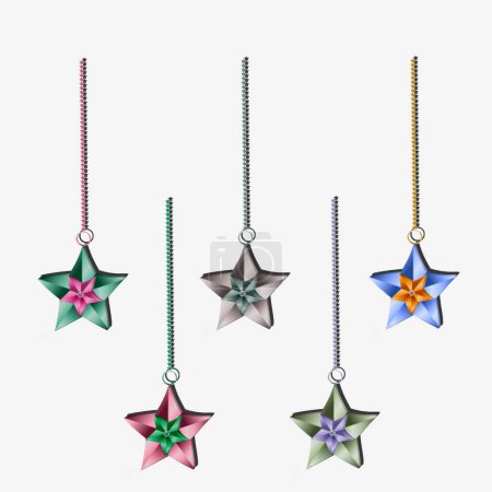 Estrellas multicolores con cadena: Estrellas multicolores decoradas con piedra de vidrio y cadena de estrellas a juego para cualquiera de sus proyectos.Fondo blanco.