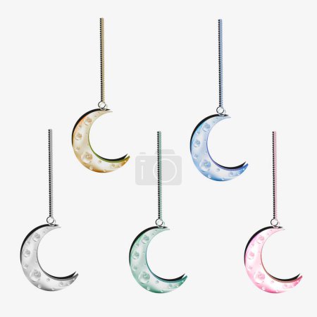 Mehrfarbige Monde mit Kette: Kalligrafie, Mond mit Glassteinen und passender Sternenkette für jedes Ihrer Projekte. Weißer Hintergrund.