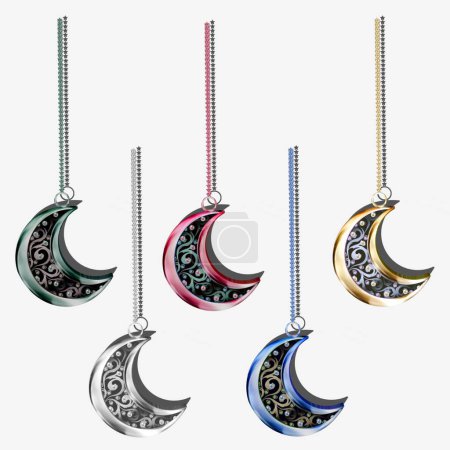 Multicolor moons with chain : Calligraphy,moon decorated with glass stones and matching stars chain for any of your project.White background.
