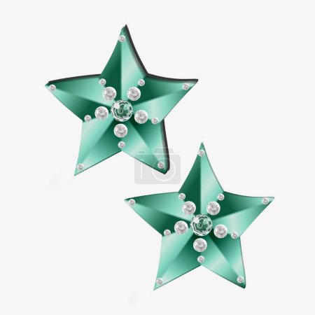 Grüne Sterne: Grüne Sterne mit weißen Glassteinen verziert. Weißer Hintergrund.