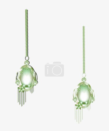 Téléchargez les photos : Lanterne : Lanterne verte décorée avec des étoiles assorties et chaîne d'étoiles, fond blanc. - en image libre de droit