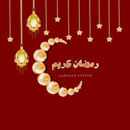 Ramazan Kareem Grußkarte: Sprachen Englisch und Urdu verwendet (Ramazan ist der Name des Monats der Muslime und kareem wird für Gnade verwendet) rote und goldene Farbabstimmung, Vektorkunst mit Mond, Sternen und Laternen. Roter Hintergrund.