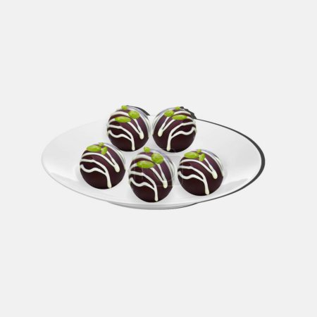 Hausgemachte Schokoladenkugeln: In einem weißen Teller hausgemachte Schokoladenkugeln mit Schmelzschokolade und Nüssen bedeckt, isoliert auf weißem Hintergrund.
