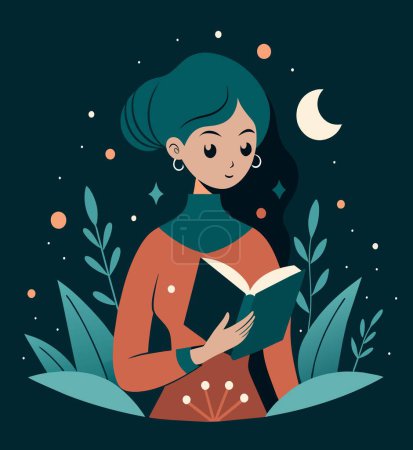 Young woman opening a huge open book surrounding the many flowers, leaves, plants. Back to school, library concept design. Vector illustration, poster and banner Book festival concept