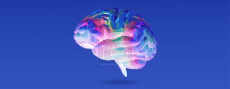 Low poly rainbow color brain with 3D shading style and glowing neon wireframe illustration isolated on bright blue background
