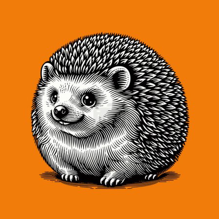 Monochrome engraved vintage drawing of cute tiny hedgehog character design in sphere shape vector illustration isolated on orange background