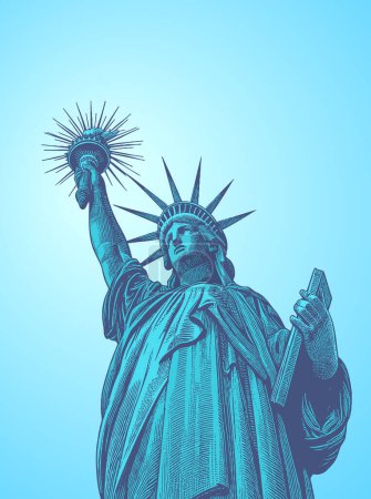 Illustration for Vintage blue and green color engraved pen and ink drawing of lady liberty statue low angle view vector illustration isolated on sunny blue  background - Royalty Free Image