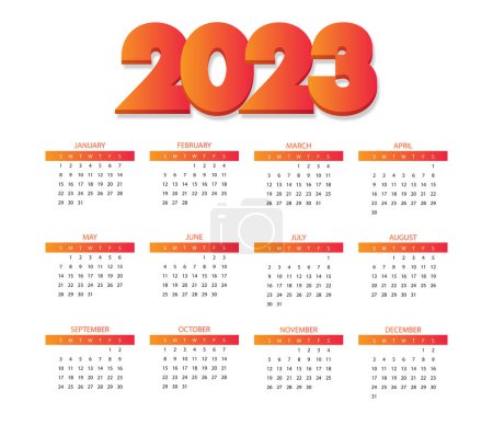 Téléchargez les illustrations : 2023 Calendrier horizontal avec dégradé orange sur fond blanc - en licence libre de droit