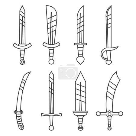 Téléchargez les illustrations : Ensemble d'épées de style différent dans le style de ligne - en licence libre de droit