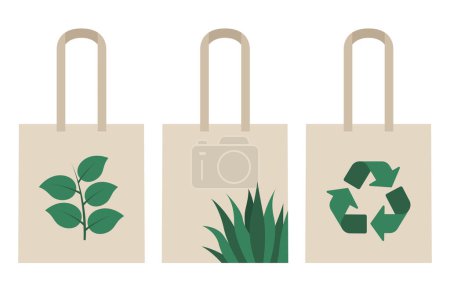 Téléchargez les illustrations : Trois sacs fourre-tout respectueux de l'environnement sur fond blanc - en licence libre de droit