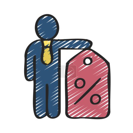Téléchargez les illustrations : Homme d'affaires avec vente tag icône vectoriel illustration design - en licence libre de droit