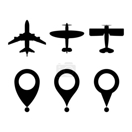Flugzeuge Und Standort-Pins-Symbol, Vektorillustration