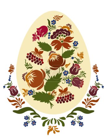 Illustration for Easter, Easter egg, Petrikovskaya painting, flowers, tulips, leaves, viburnum bunches, vector drawing - Royalty Free Image