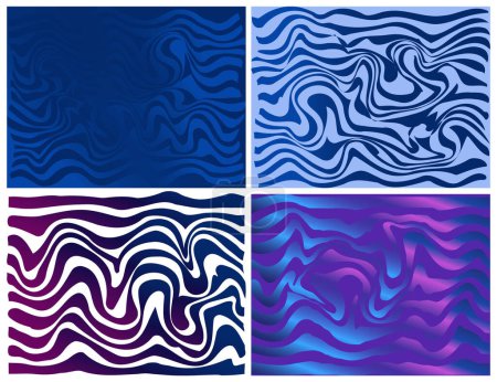 Helle Abstraktion von einer Reihe von Gradientenhintergründen mit Wellen, Ausbuchtungen, Kurven in blauen und lila Farben, Vektorillustration