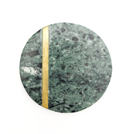 This circular object features a green marbled texture with a prominent golden line running vertically through the center. The design exudes elegance and modernity, making it suitable for home decor