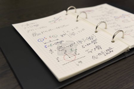 A detailed physics notebook reveals a myriad of handwritten equations and diagrams, showcasing a deep dive into complex mathematical concepts