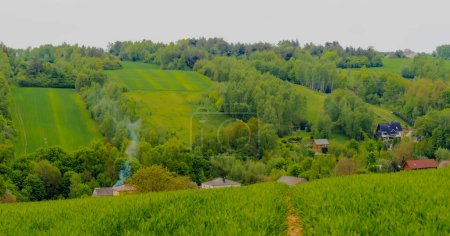 Green field in a rural countryside in the village.A village in a valley among the hills in the Holy Cross Mountains. A village in a mountain valley among lush spring greenery on a May afternoon with a misty gray sky. 