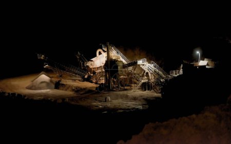 Quarry at night, illuminated machines for sorting (fractionating) rock material.A large open pit - a stone mine (quarry). At the bottom of a deep hole there are brightly lit devices for fractionating the rock output . 