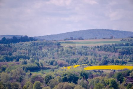 Beautiful landscape of a countryside in the spring. Fields, forests, houses, blooming rapeseed in the Holy Cross Mountains. The beauty of the Swietokrzyskie Voivodeship in the vicinity of Ostrowiec Swietokrzyski.  