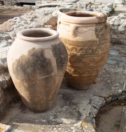 close up of clay storage vessels in the ancient site Knossos, Crete